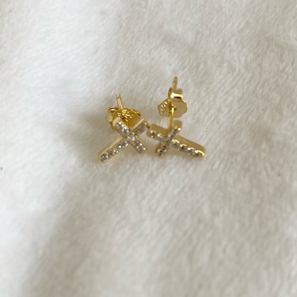 Cross Stud Gold and Diamond earrings 925 Sterling Silver New - Picture 5 of 6